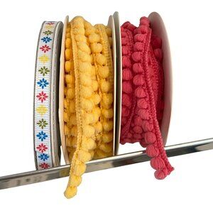 Pom-Pom Trim & Floral Ribbon Spools Set 4.6-15 Yards Yellow & Pink Pom-Poms Mult